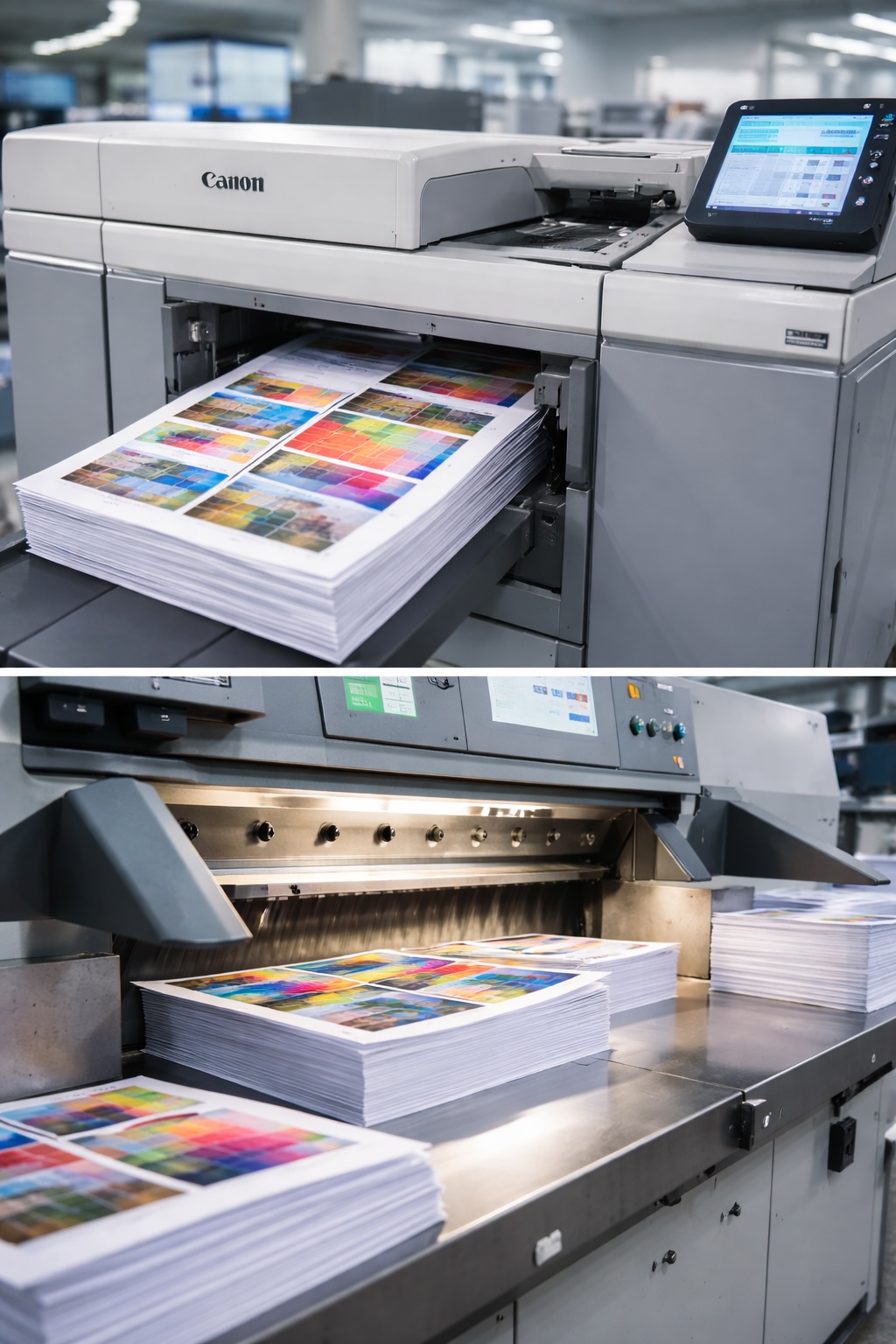 Impression professionnelle sur presse num&eacute;rique Canon ImagePress et d&eacute;coupe au massicot industriel&ndash; Imprimerie WILOdesign &agrave; Kembs en Alsace